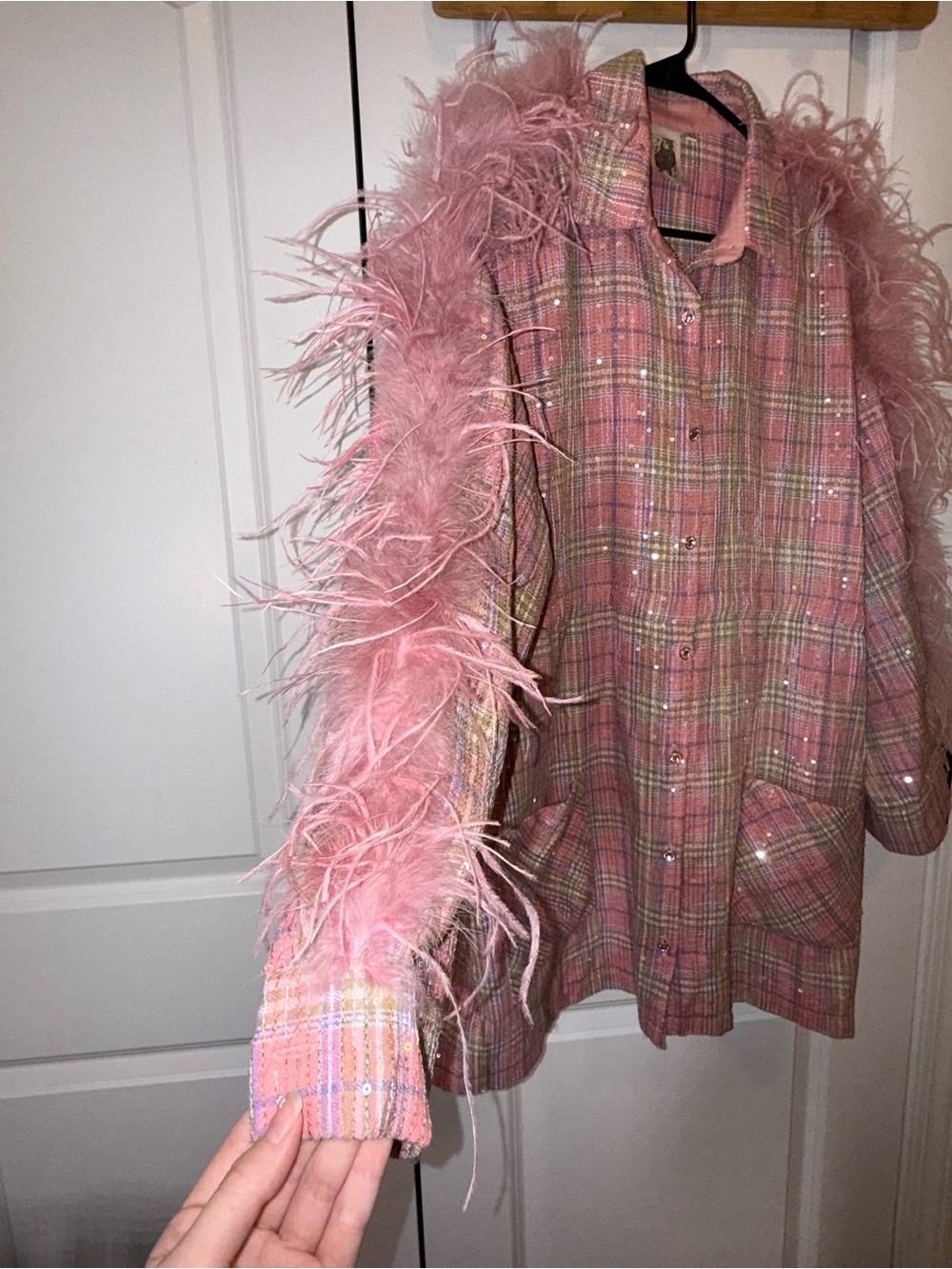 Queen of Sparkles | Pink Flannel Feather Dress | Size Small - Picture 7 of 16